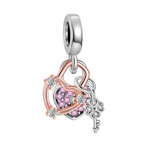Heart Lock & Key Dangle Charm, Silver-Plated Beaded, Pink Rhinestone Accents, Clover Detail — Romantic Jewelry, suitable for bracelets, necklaces, and jewelry gifts for women; ideal for Valentine’s Day, Mother’s Day, and anniversary gifts