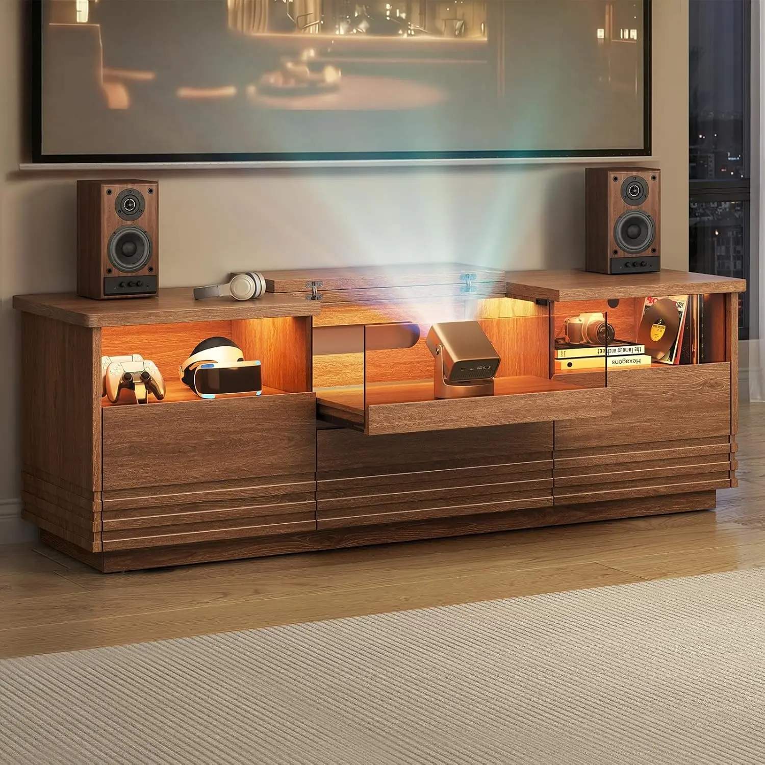 Sikaic Fluted TV Stand with Projector Platform and RGB LED Lights, 63 Inch Mid-Century Modern Media Console with Tempered Glass Display, Walnut Brown, Home Furniture, Dorm Essentials [tiktokshopbacktoschool]