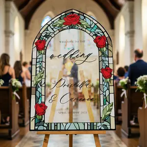 Stained Glass Wedding Sign, Custom Acrylic Red Roses Wedding Welcome Signs