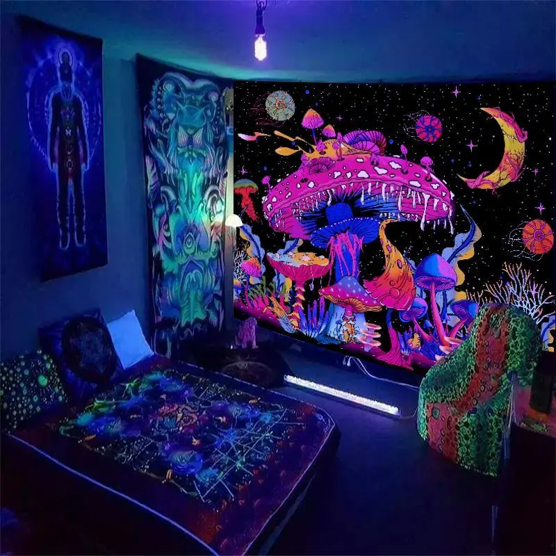 Luminous Fluorescent Mushroom Print Tapestry, UV Black Light Home Decor Wall Hanging, Glow-In-The-Dark Accessory for Living Room, Bedroom Summer Gift