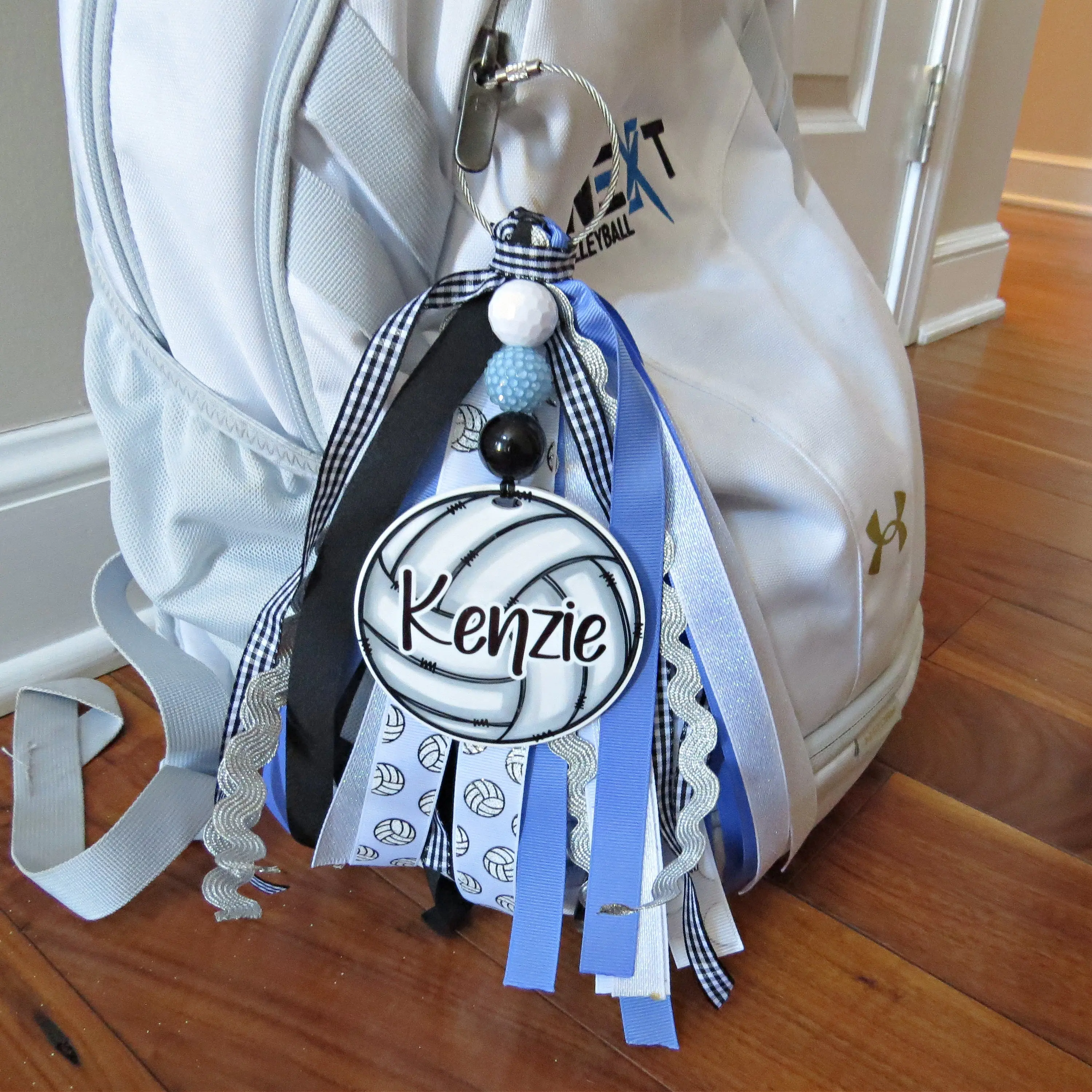 Personalized Volleyball Ribbon Bag Tag – Custom Name Volleyball Backpack Charm for Girls Sports Bags