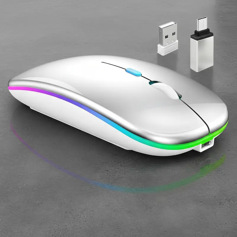 Rechargeable Wireless Mouse Dual Mode Bluetooth 5.2/3.0 2.4GHz USB Receiver for MacBook Laptop PC Silver