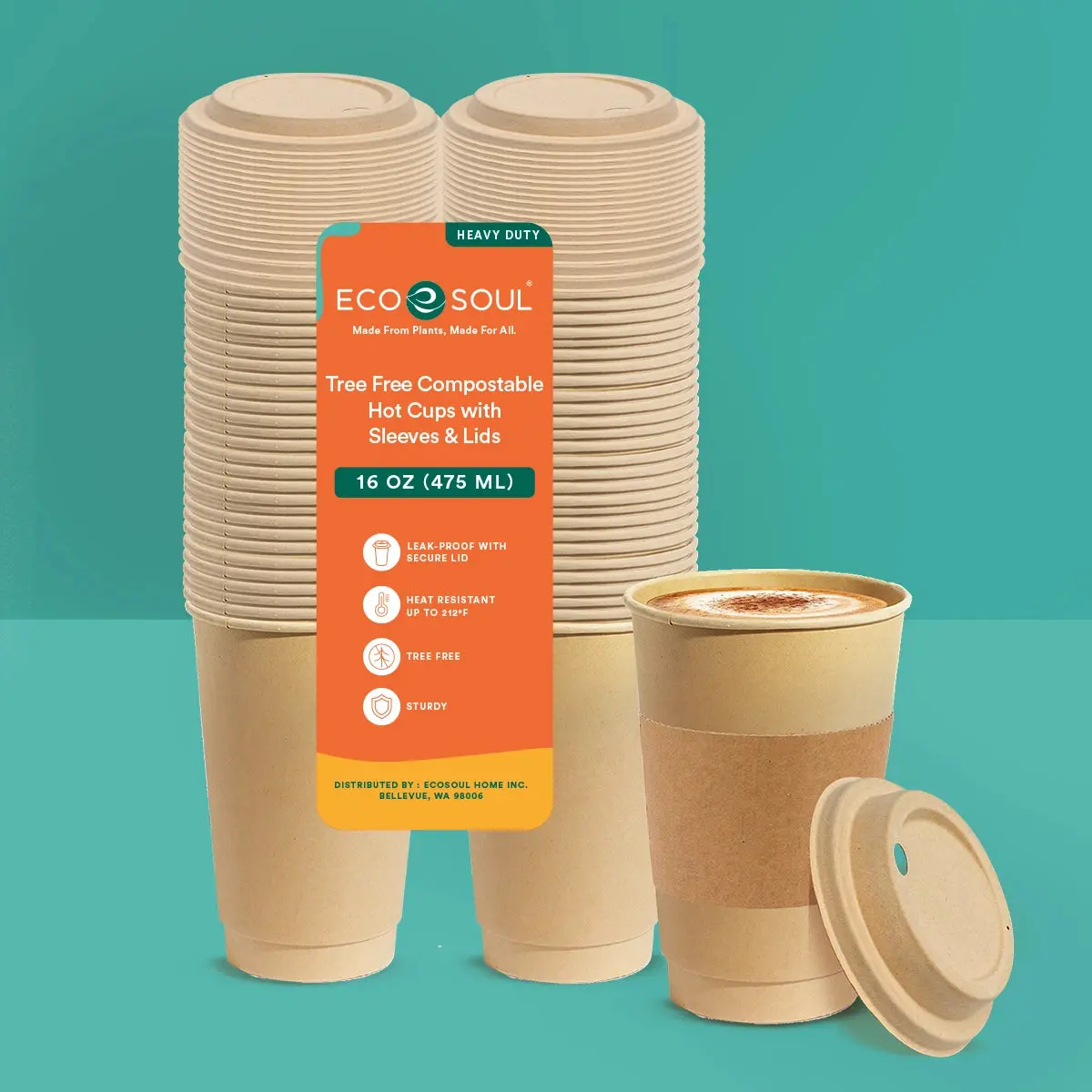 16oz Compostable Hot Coffee Cups with Lids and Sleeves