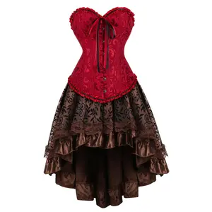 Milalee Gothic Steampunk Corset Outfit Women Renaissance Strapless Boned Corset & High-Low Skirt 2-Piece Suit Great for Halloween Parties & Historical Reenactments 819/7056-B