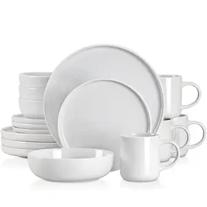 Vancasso 16-Piece Ceramic Dinnerware Set - Sesame Glaze Light Gray Bowls Plates and Cups Modern Dishwasher Safe Kitchenware for Everyday Dining Cutlery Tableware