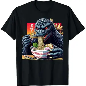 Funny Kaiju Eating Ramen Japanese Monster Lover Birthday T-Shirt Novelty Graphic T Shirt funny tshirt Undershirts Tees Casual Streetwear Classic Plain Men's Women Cotton Moisture Wicking Short Sleeve Crew Neck