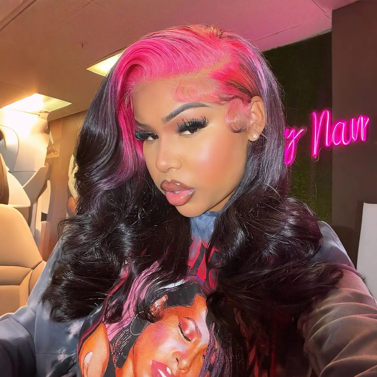 [Special Deal] OQ HAIR Pink Roots Mix Black Ombre Color Body Wave 13x4 Lace Front Wig Ombre Human Hair