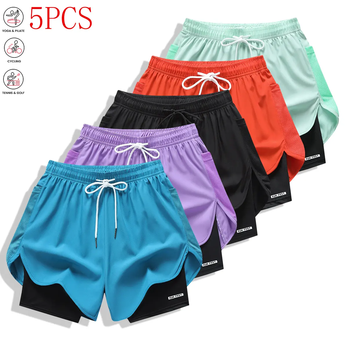 Pack of 5 women’s casual athletic shorts, solid color, faux two-piece design with built-in liner, elastic drawstring waistband, suitable for outdoor fitness, running, sports, and casual wear; women’s shorts Pack of 5 women’s casual athletic shorts, solid color, faux two-piece design with built-in liner, elastic drawstring waistband, suitable for outdoor fitness, running, sports, and casual wear; women’s shorts