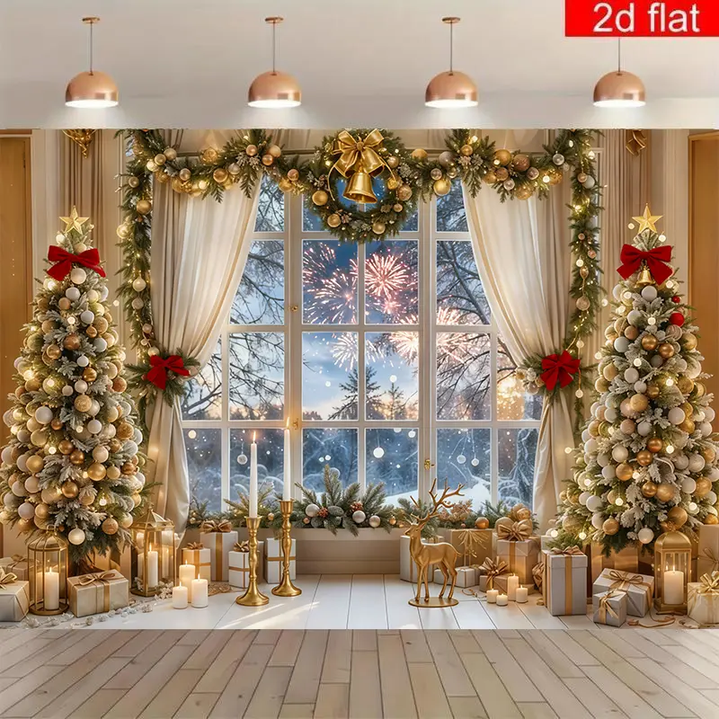 Outdoor Christmas Polyester Backdrop - 2D Flat-Printed Lightweight Banner with Glittering Golden Trees, Vintage Sleigh, Snowy Wonderland, Ample Coverage for Holiday Party, Birthday, Baby Shower, Business, Anniversary Decorations