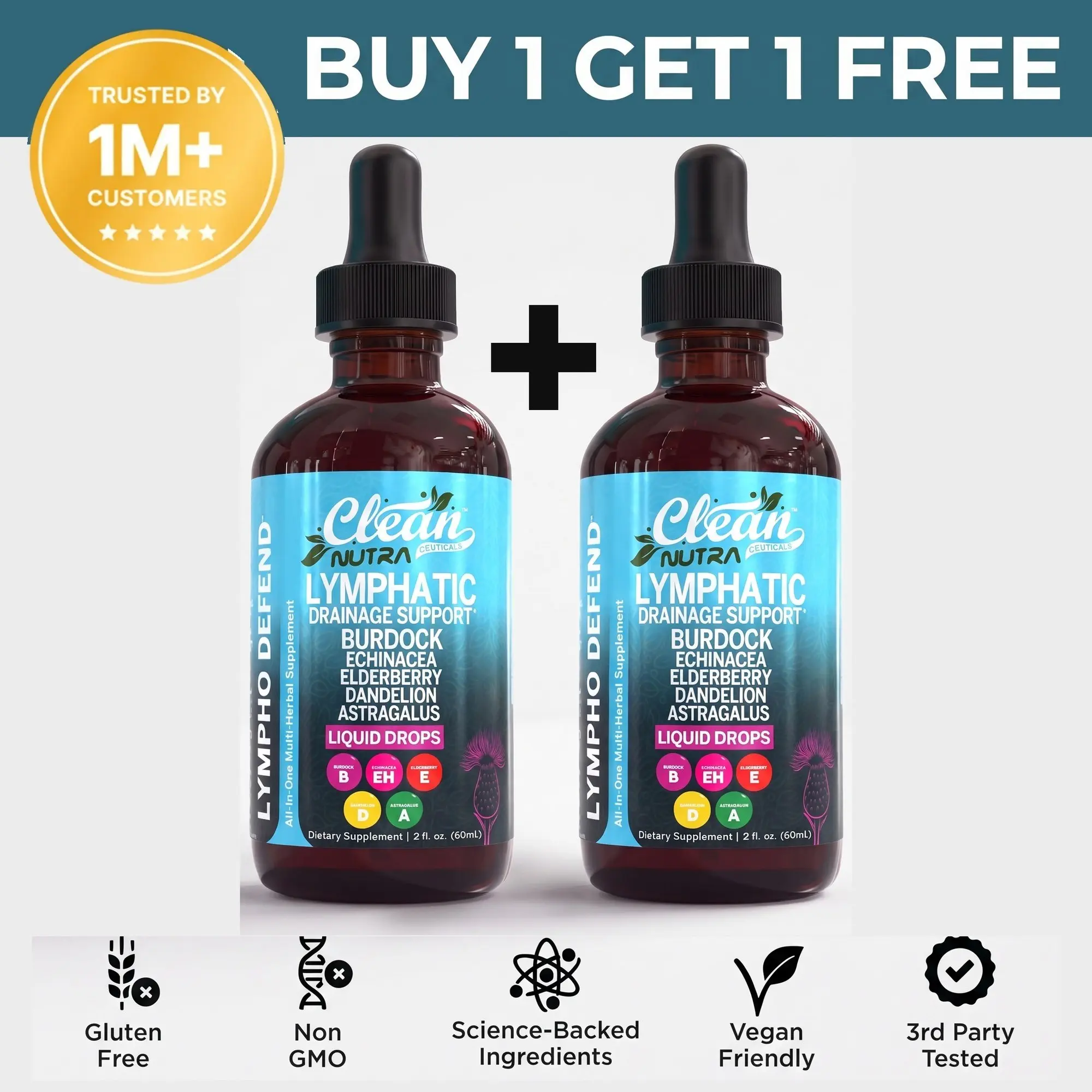 Clean Nutra Lymphatic Drainage Drops | Burdock, Echinacea, Elderberry, Dandelion, Astragalus, Milk Thistle, Sea Moss, & More for Lymphatic Support Liquid Drop - Lympho Defend