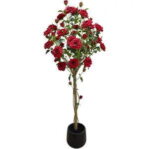 1.5-Meter Artificial Rose Tree, Realistic Silk Flower Plant with Plastic Trunk in Decorative Pot, for Indoor & Covered Outdoor Decor,Red,Black Pot