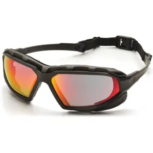 Pyramex Highlander Plus Safety Glasses Black, Foam-Lined, Sky Red Mirror Anti-Fog Lenses