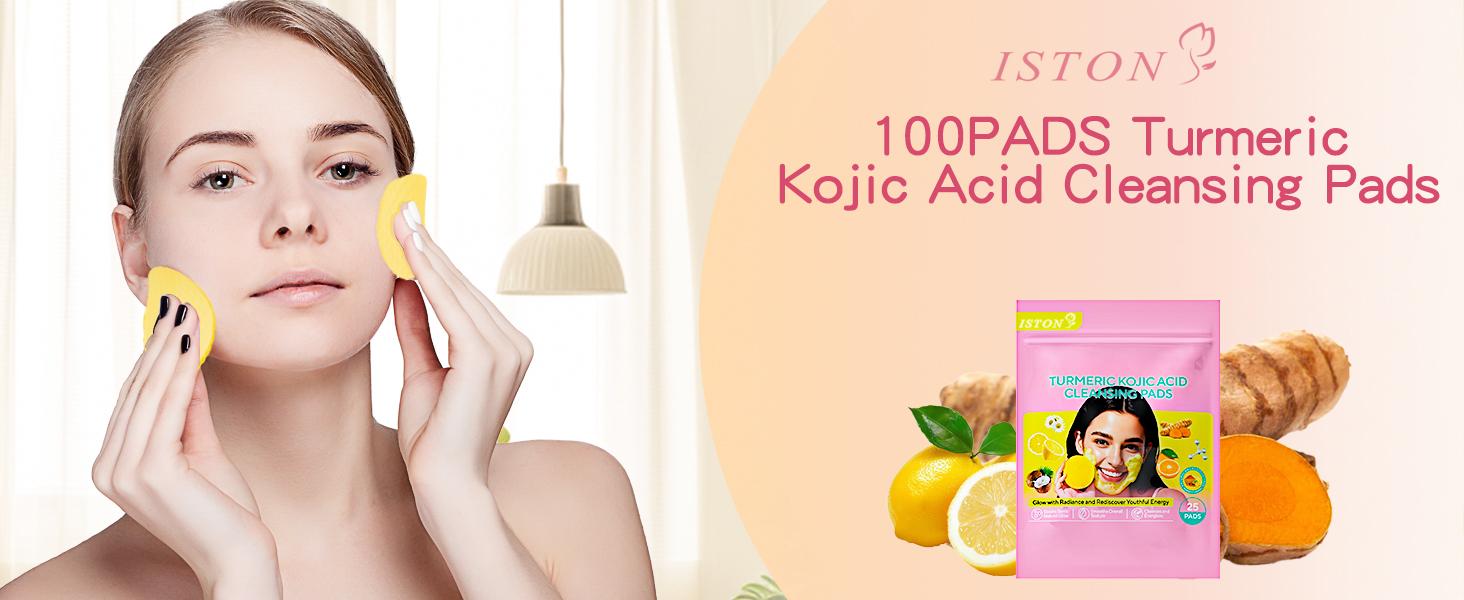 ISTON Turmeric Kojic Acid Cleansing Pads 100Pcs with Olive Oil Hylunaric Acid & Niacinamide for Face & Body Exfoliate Turmeric Cleansing Pads for Dark Spots Balance Skin Water & Oil Anti Wrinkle Scrubs Cleanser