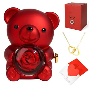 Gift guid Heart & Bear Design Pendant Necklace with Rose Gift Box Eternal Love Bear Romantic Purple Teddy Bear with Preserved Rose & Necklace in Elegant Gift Box for Women Valentine's Day Weddings Anniversaries Birthdays Purple,Red,Pink