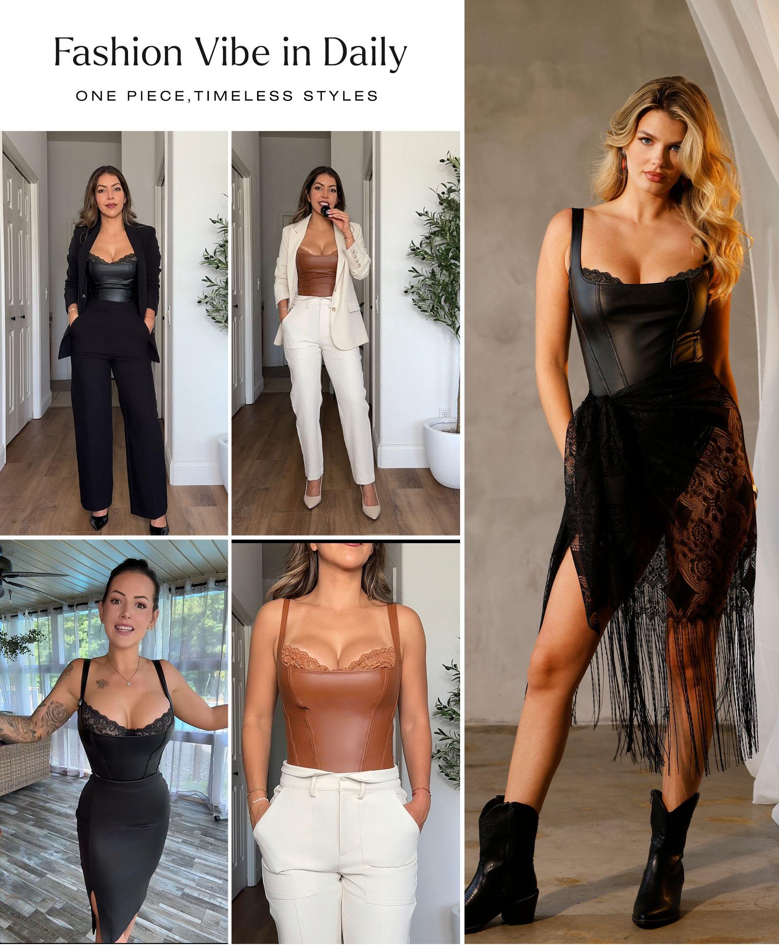 【Runs Small】Popilush Basic Faux Leather Corset Top Supportive Shapewear Bodysuit Lingerie Lace Trim Tummy Control Bustier Sleeveless Womenswear Summervibe 【Runs Small】Popilush Basic Faux Leather Corset Top Supportive Shapewear Bodysuit Lingerie Lace Trim Tummy Control Bustier Sleeveless Womenswear Summervibe