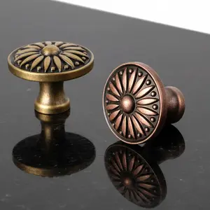 6 Pack Vintage Antique Brass Sunburst Cabinet Knobs Ornate Floral Design Distressed Finish for Kitchen Drawers Doors