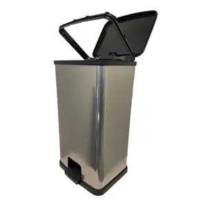 13.2 Gallon Kitchen Trash Can, Silver Plastic Step-On Garbage Bin with Lid