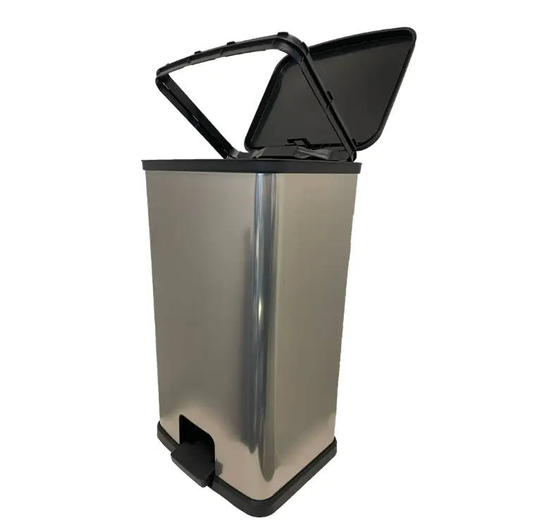 13.2 Gallon Kitchen Trash Can, Silver Plastic Step-On Garbage Bin with Lid