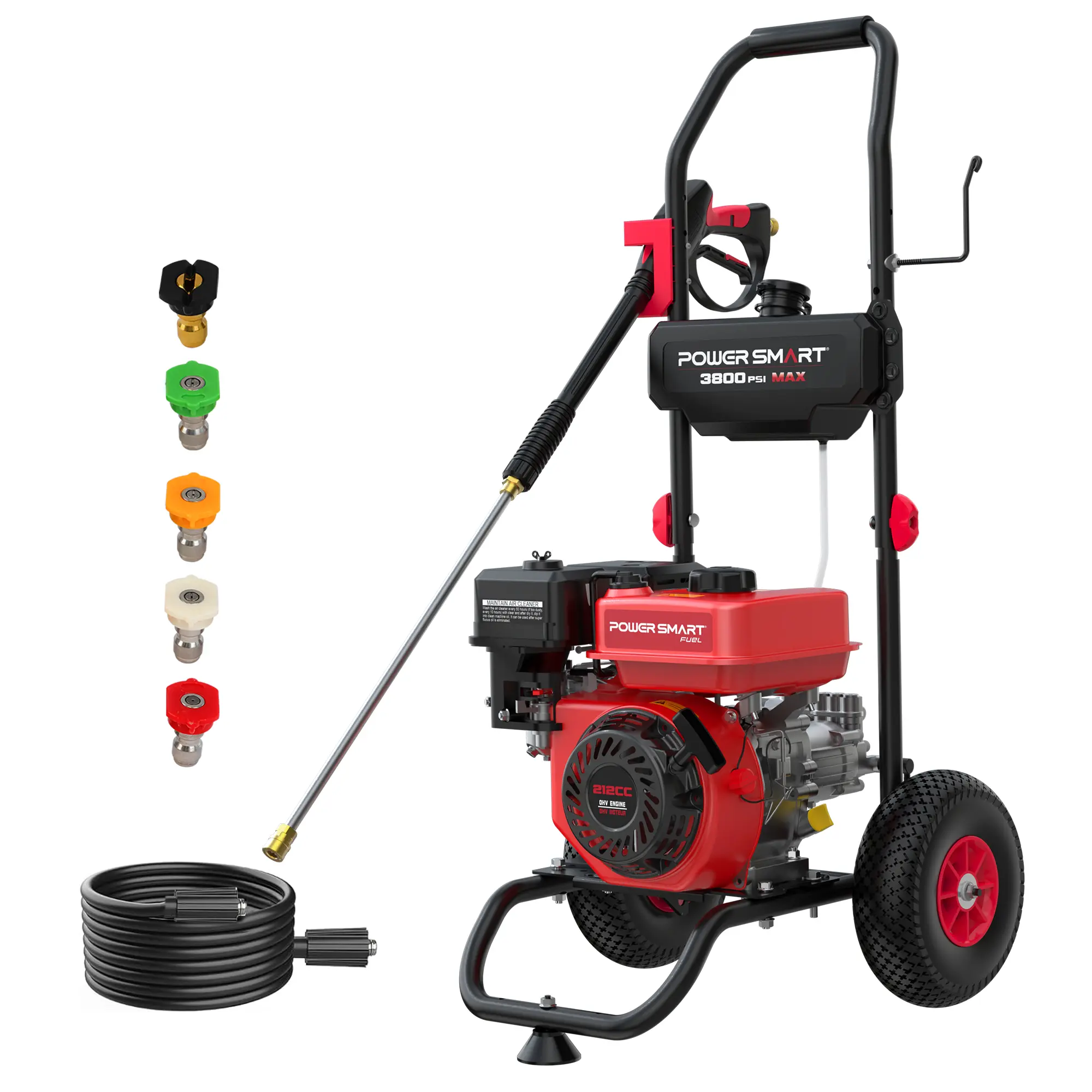 PowerSmart Rugged Portable Gas Pressure Washer - 3800 MAX PSI, 2.5 MAX GPM, 212CC Powerful Engine, Heavy Duty Cleaning, Onboard Soap Tank, Metal Spray Wand, 5 Nozzles for Houses, Driveways, DL1038A, Five Nozzles