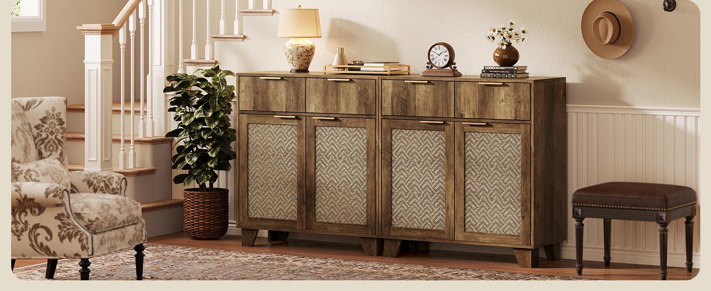 【SPOTLIGHT DAY】ONBRILL Sideboard Buffet Cabinet with 2 Drawers, Coffee Bar Cabinets with 2 Doors, Boho Farmhouse Accent Credenza Buffet Table Console Cabinet with Adjustable Shelves for Living Room, Entryway
