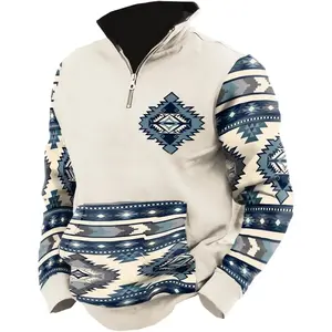 Muscularfit Sweatshirts for Men Zip Up Aztec Western Stand Collar Pullover Fall Fashion Long Sleeve Ethnic Print Graphic Tee Shirts With Pocket Cotton Menswear