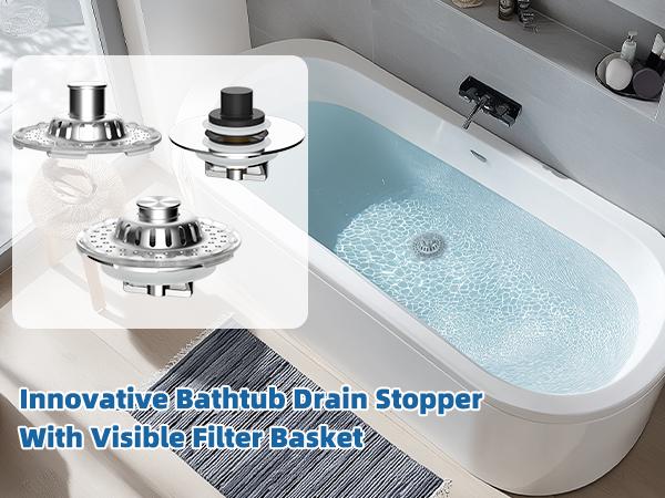 Hibbent Universal Bathroom Sink Drain Strainer Hair Catcher, 3 in 1 Pop-up Brass Metal Bathroom Sink Stopper Fit for Standard 1.1''~2.36'' Basin Hole, Transparent Edge