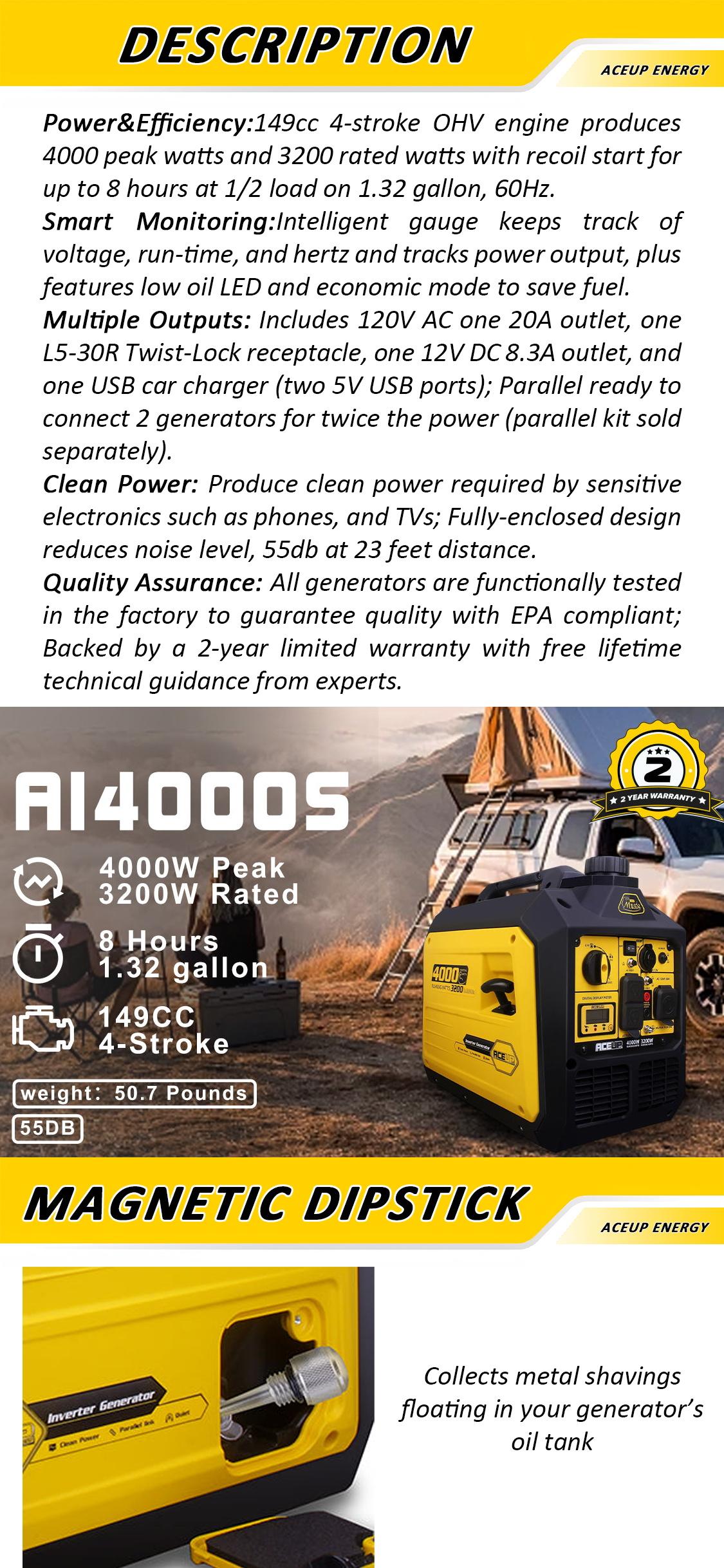 Aceup Energy 4000W Portable Inverter Generator Gas Powered Quiet for Home RV Ready EPA Compliant AI4000S with Digital Display