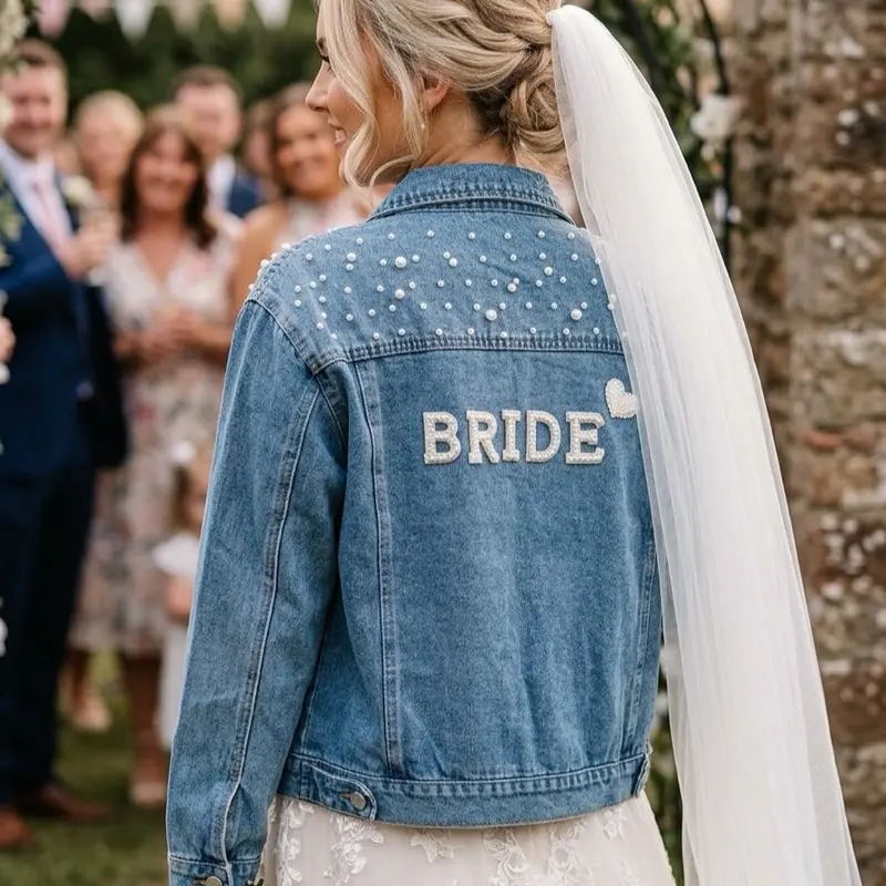 Taniri Pearl Bride Denim Jacket for Women, Bridal Wifey Jacket, Bachelorette Outfit, Wedding Jacket with Pearl Embellished Design, Oversized Stylish Bridal Top, Engagement Bridal Shower Gift for Bride