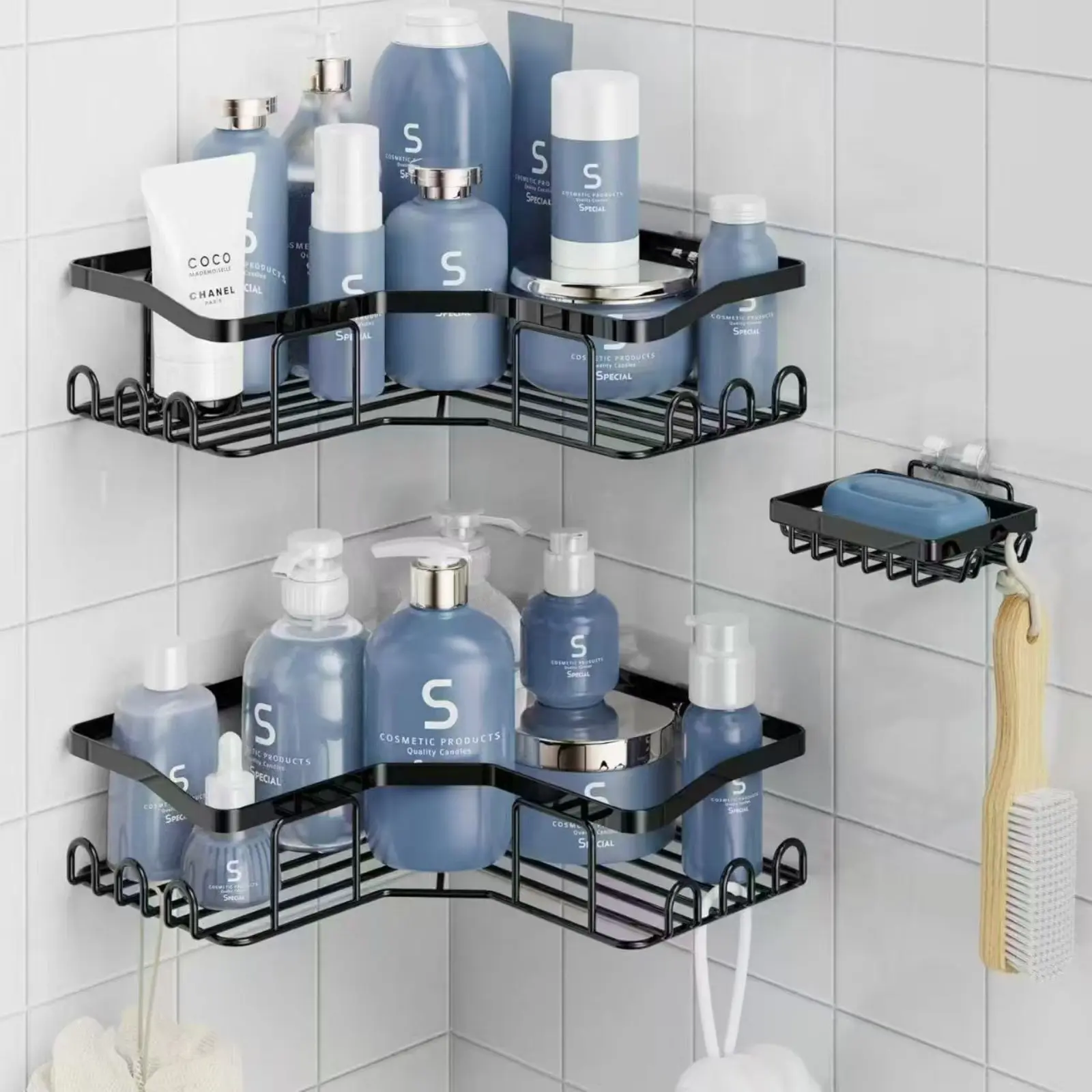 ZUZZEE 3-Count Metal Shower Organizer - Punch-Free, Removable, Waterproof, Wall-Mounted, Adjustable Black Round Hollow Drain Bathroom Corner Shelves, Eco-Friendly Bath Storage, Soap Holder, Modern Home Decor, Apartment Essentials Gift, Bathroom Decor