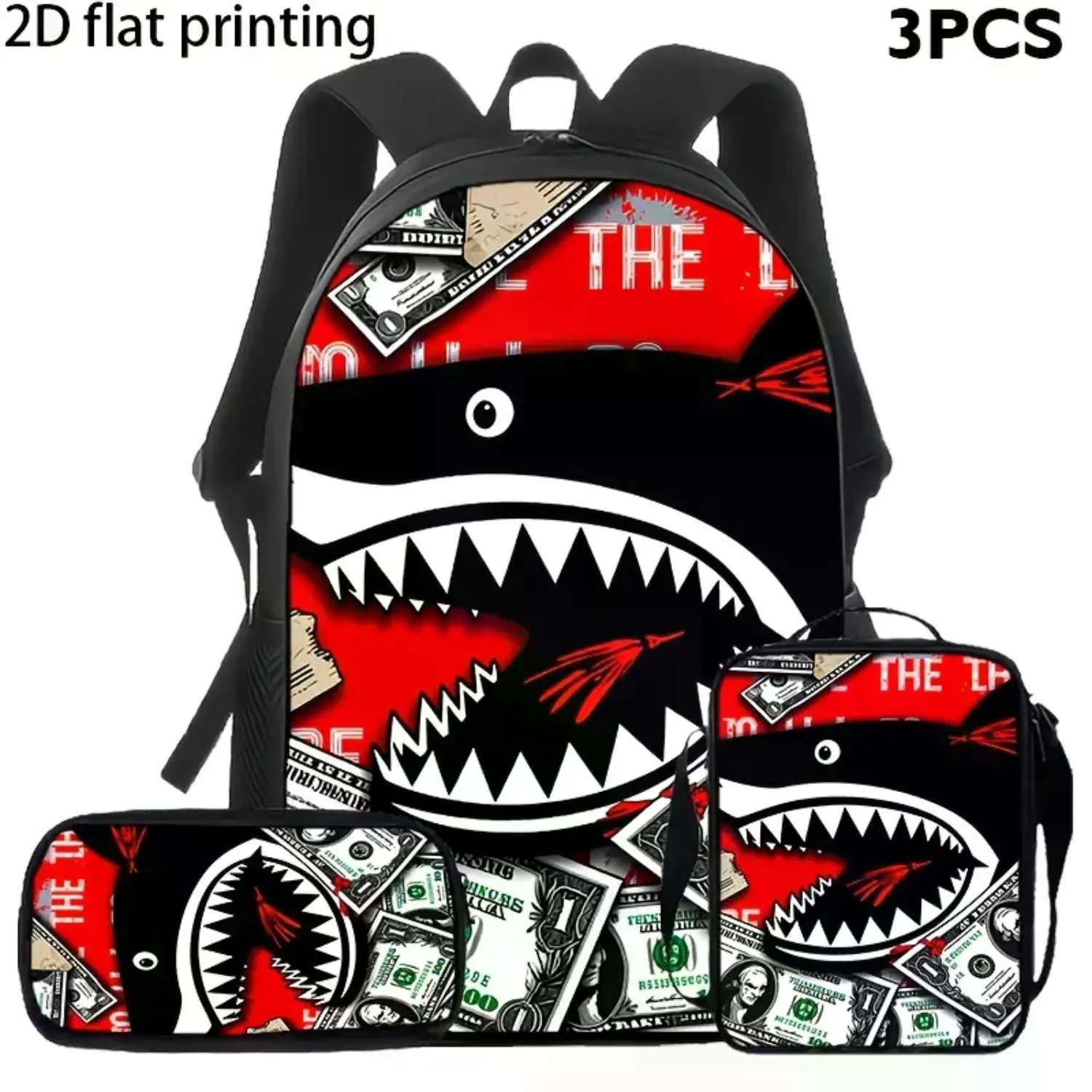 Urban Graffiti 3-Piece Backpack Set: Red Shark Mouth, Money Collage School Bag with Lunch Bag & Pencil Case - Perfect Travel Gift for Kids & Teens