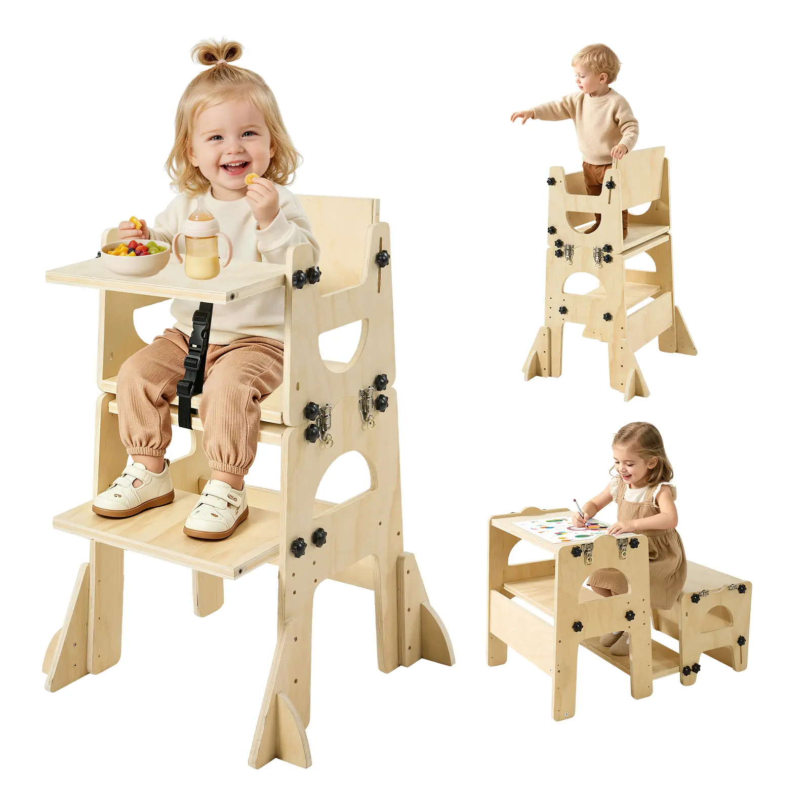 【SummerFinds】VEVOR Poplar Plywood Toddler Tower Furniture - Sturdy Adjustable Kitchen Step Stool, Montessori Weaning Set with Chalkboard Side & Locking Latches, 88 lbs Capacity for 1-5 Yrs (Birthday Gift Option), Rounded Edge Safe