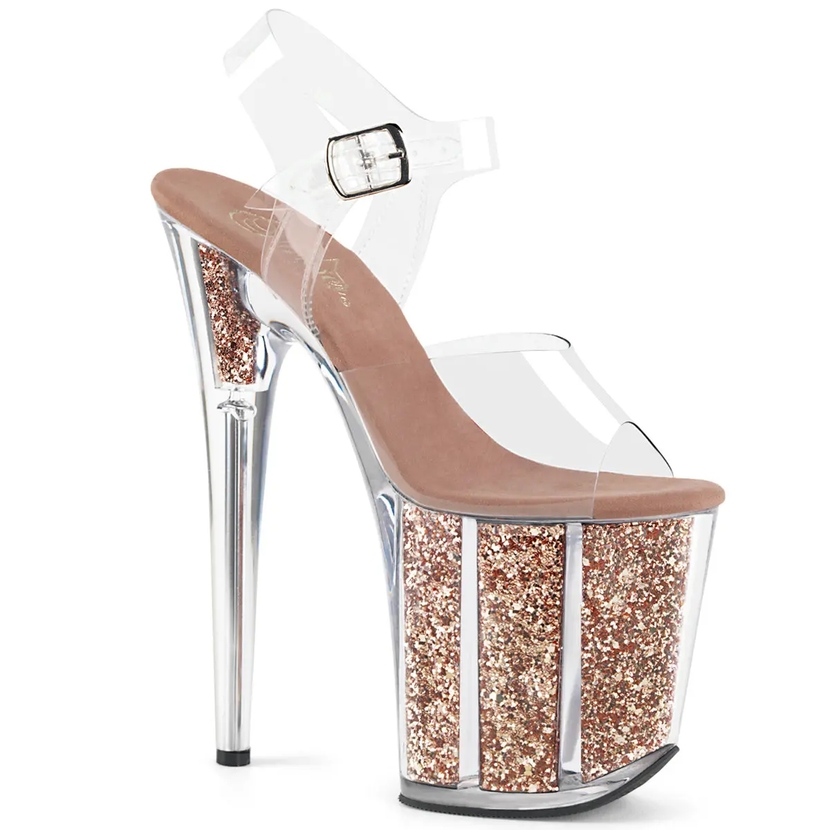 Pleaser Flamingo-808G Women's Open Toe Rose Gold Statement Sandals - 4in Platform (Glitter-Filled), Transparent Ankle Straps, 8in Heel, Clear/Rose Gold, Sparky, Chic, Elegant Fashion Sandals, 8 In