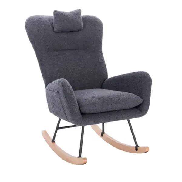 Teddy Upholstered Rocking Chair, Teddy Upholstered Accent Rocking Chair with High Backrest,Comfy Glider Chair for Living Room,Bedroom,Office,Ergonomic Design (Dark Grey)