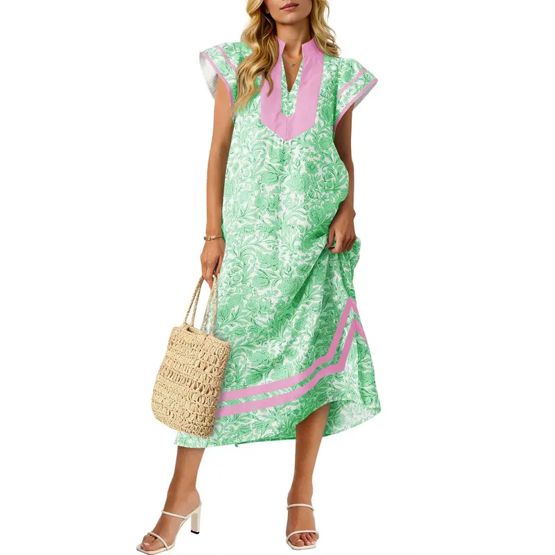 Wenrine Women's Elegant Feminine Soft Imported Woven Boho Maxi Dress - Casual Wear, Short Cap Sleeves, V-Neck, Colorblock, Side Slit, Loose Fit, All Over Floral Print, Pocket, Summer Brunch Beach Outfit