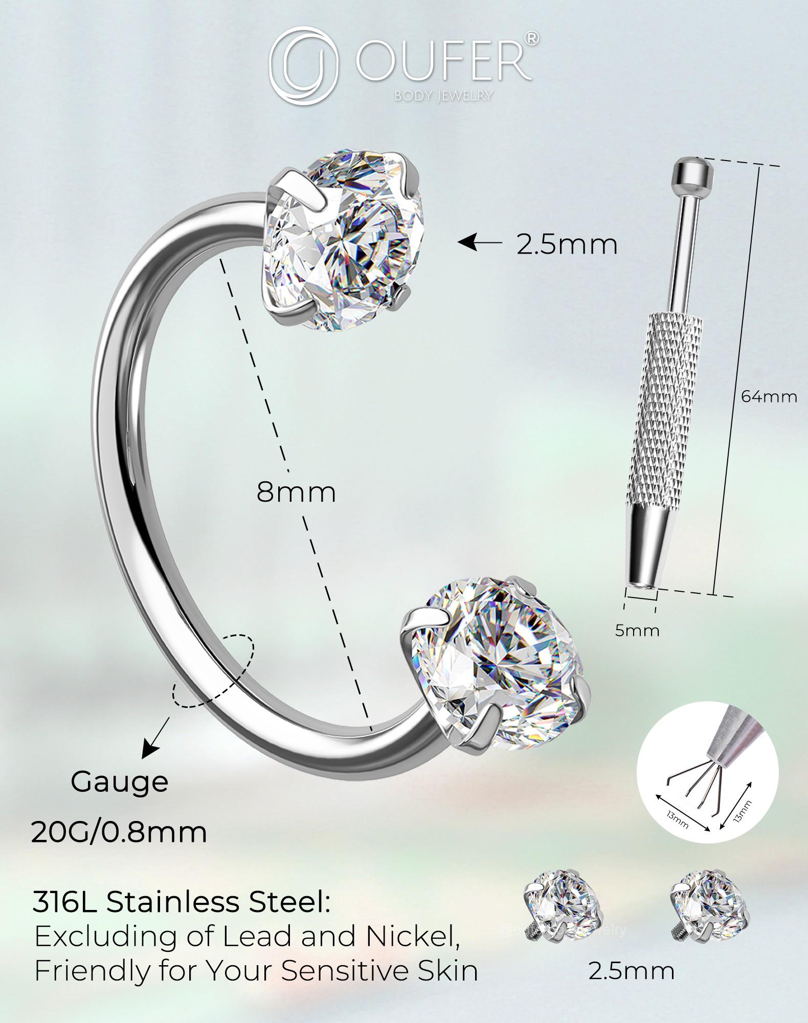 Oufer 20G Horseshoe CZ Nostril Nose Hoop Cartilage Lobe Piercing Ring 316L Stainless Steel Unisex Body Jewelry with Free Ball Crabber