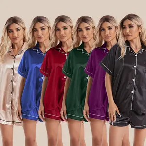 Silk Pajamas for Women Short Sleeve Sleepwear Soft Button Down Loungewear 2 Piece Satin Pjs Shorts Set