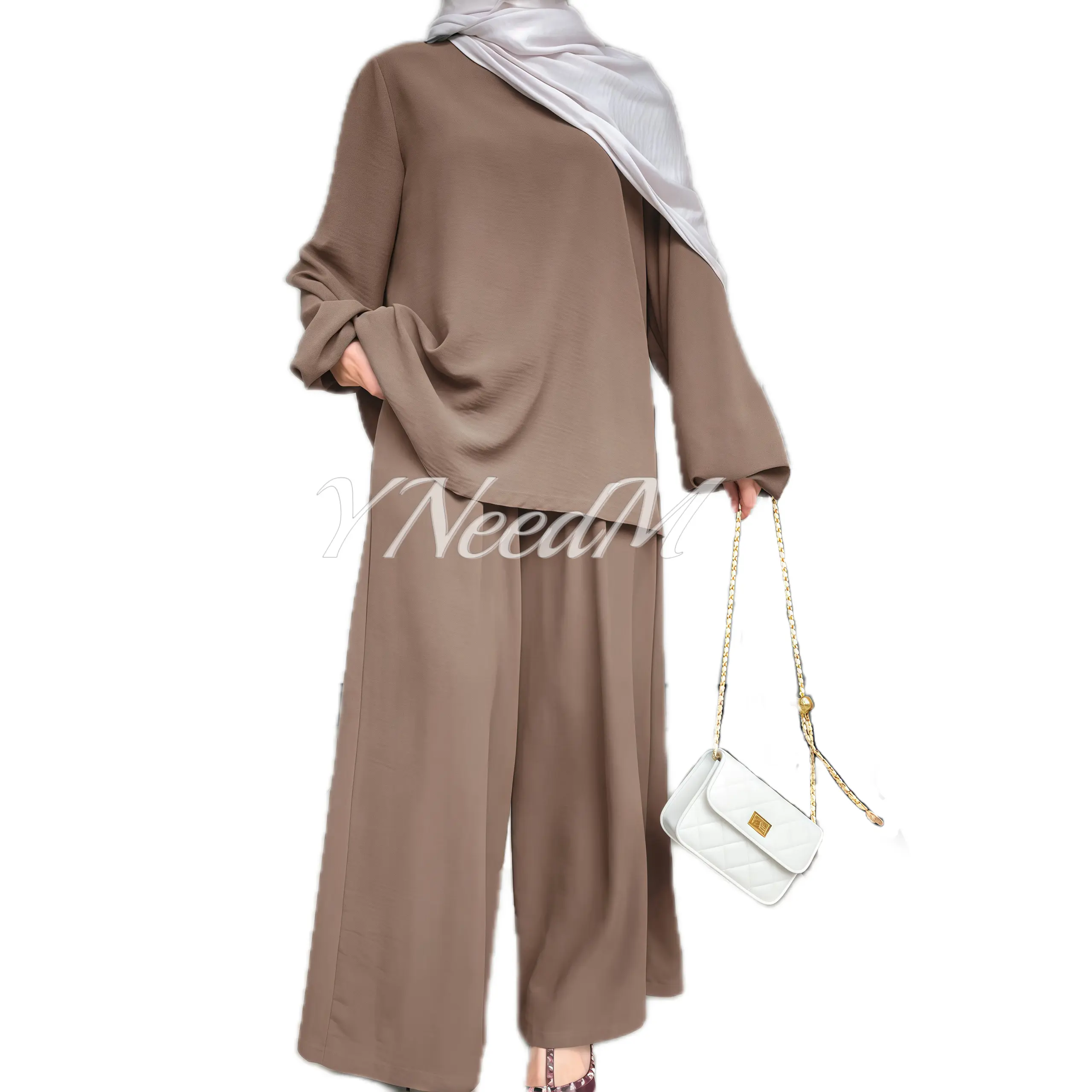 Women's Modest 2-Piece Set - Versatile Casual Plain Outfit with a Long Sleeve Tunic and Loose Fit Polyester Pants, Modesty, Women's Clothes, Suit, Two Piece