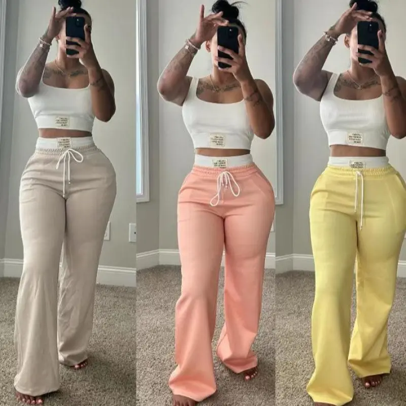 New Drop! European - American Style Cross - border Trendy Color - Blocked Double - Waistband Layered Loose Street - style Athletic Casual Trousers Two - Piece Set for Women-DAN
