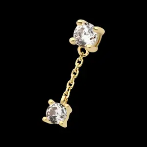 14Kt Gold Threadless Double Prong Set Round CZ with Dangle Chain Flatback Stud Earring