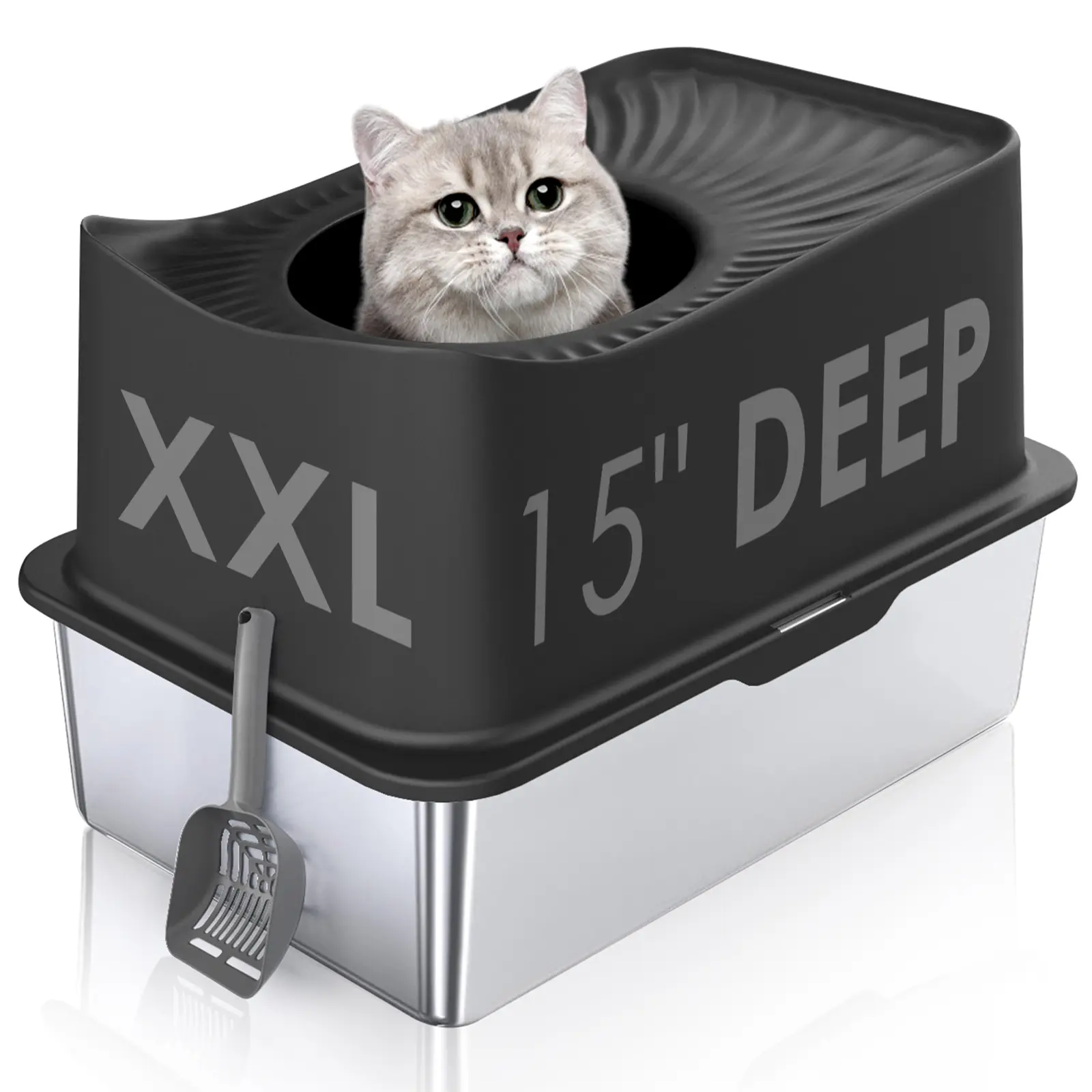 Top Entry Cat Litter Box with Lid, Stainless Steel Extra Large Enclosed Cats Kitty Litter Pan Easy Cleaning, XL Metal High Side litter Boxes Tray, Cat Box Enclosure, Never Absorb Odor or Rust