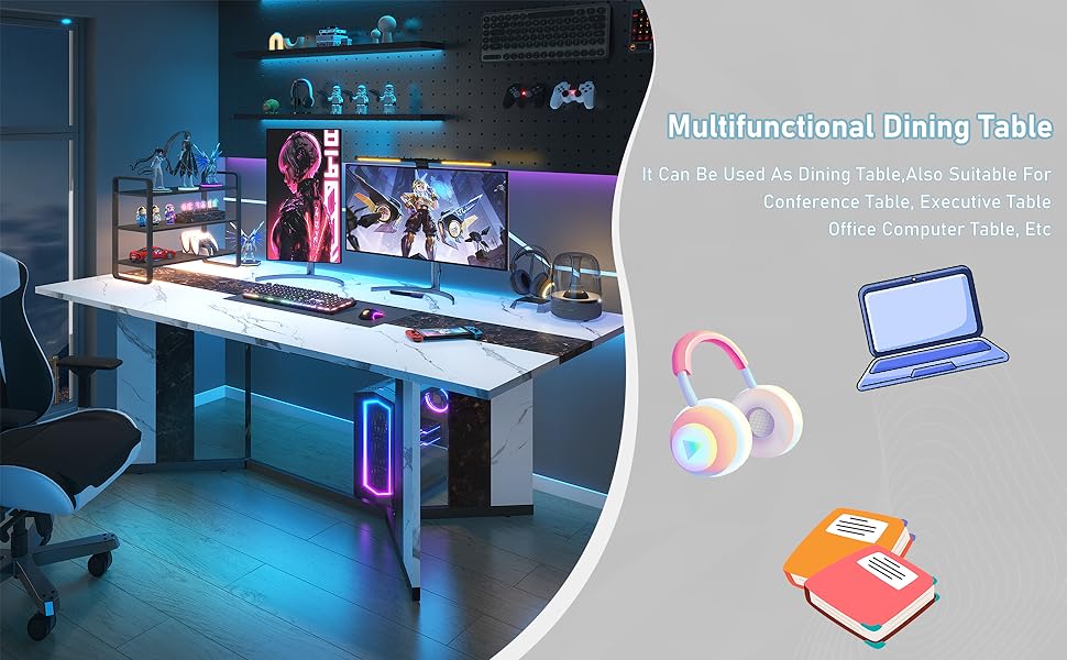 71" Large Luxurious Rectangular White Dining Table for 6-10 People with Marble-Color Wood Tabletop, Adjustable Metal Legs, Modern Design