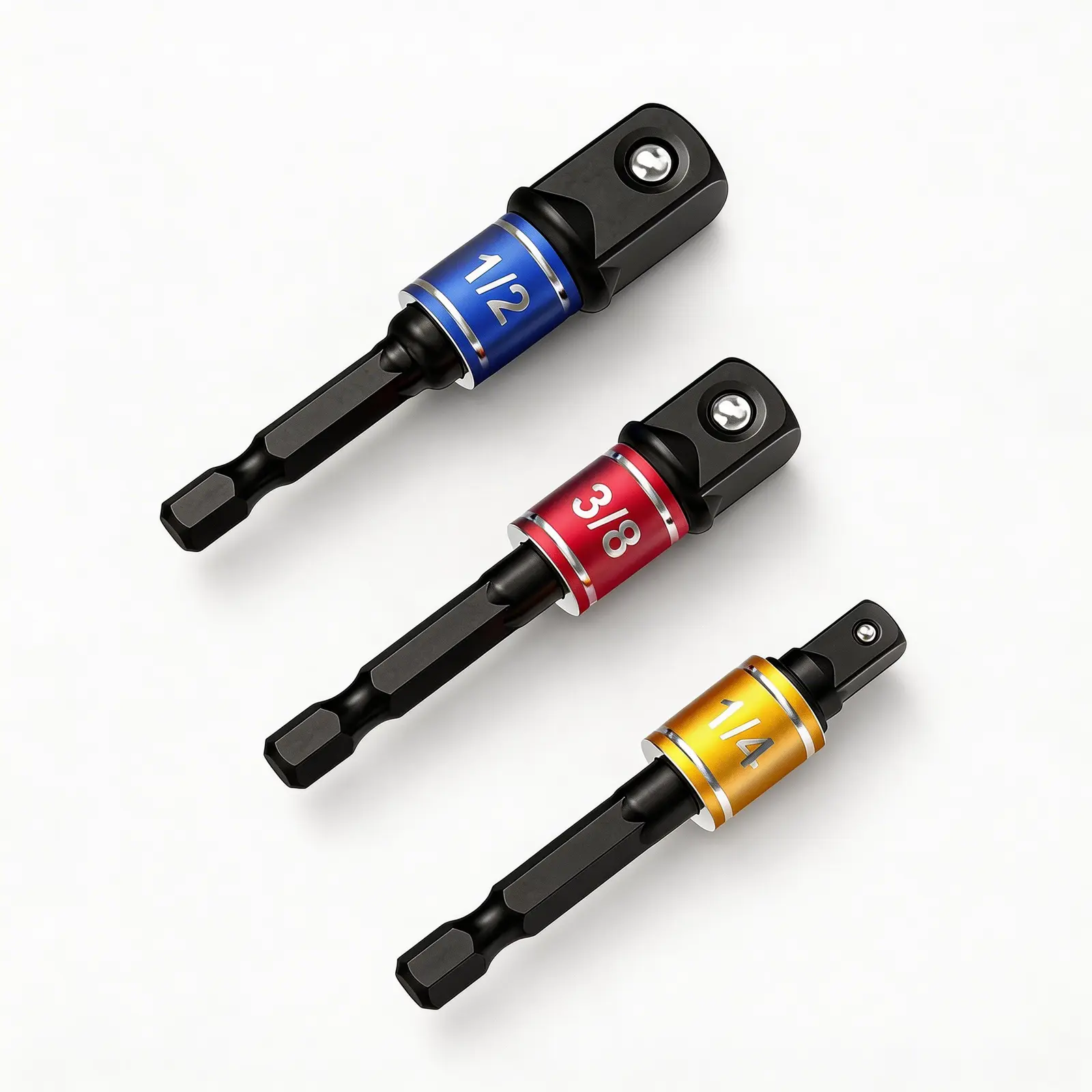 Impact-Grade 3-Piece Socket Adapter Set–1/4", 3/8", 1/2" Hex Shank Extensions, Heat-Treated Steel, Color-Coded – Convert Impact Drivers into Socket Wrenches for Automotive Repairs, Furniture Assembly, and Heavy-Duty Fastening