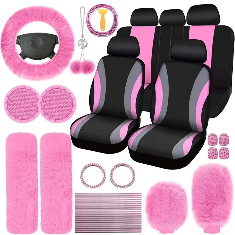 45pcs Car Seat Covers & Interior Accessories Set, Car Decor Gift: Thin Polyester Five-Seat Covers, Plush Steering Wheel Cover, Shoulder Pads, Gear Shift Knob Cover, Rearview Mirror Ornaments, Cup Coasters, Tire Valve Caps, Stitching Trim Strips