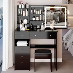 37" Dressing Table with Sliding, Adjustable LED Mirror & Left Drawor, Makeup Vanity Set Includes Cushioned Stool, Large Storage for Spacious Room