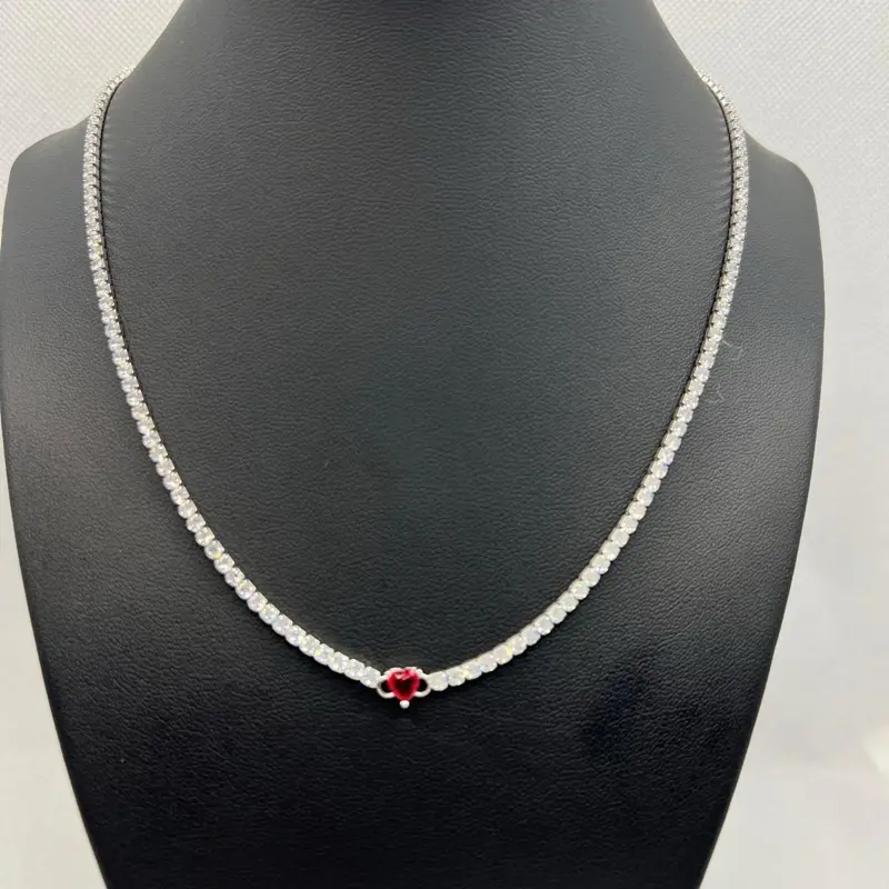 Female Adults' 925 Sterling Silver Tennis-Style Metallic Chain Necklace, Real Jewellery Pendant with Central Red Heart, 17in-19in Adjustable Length
