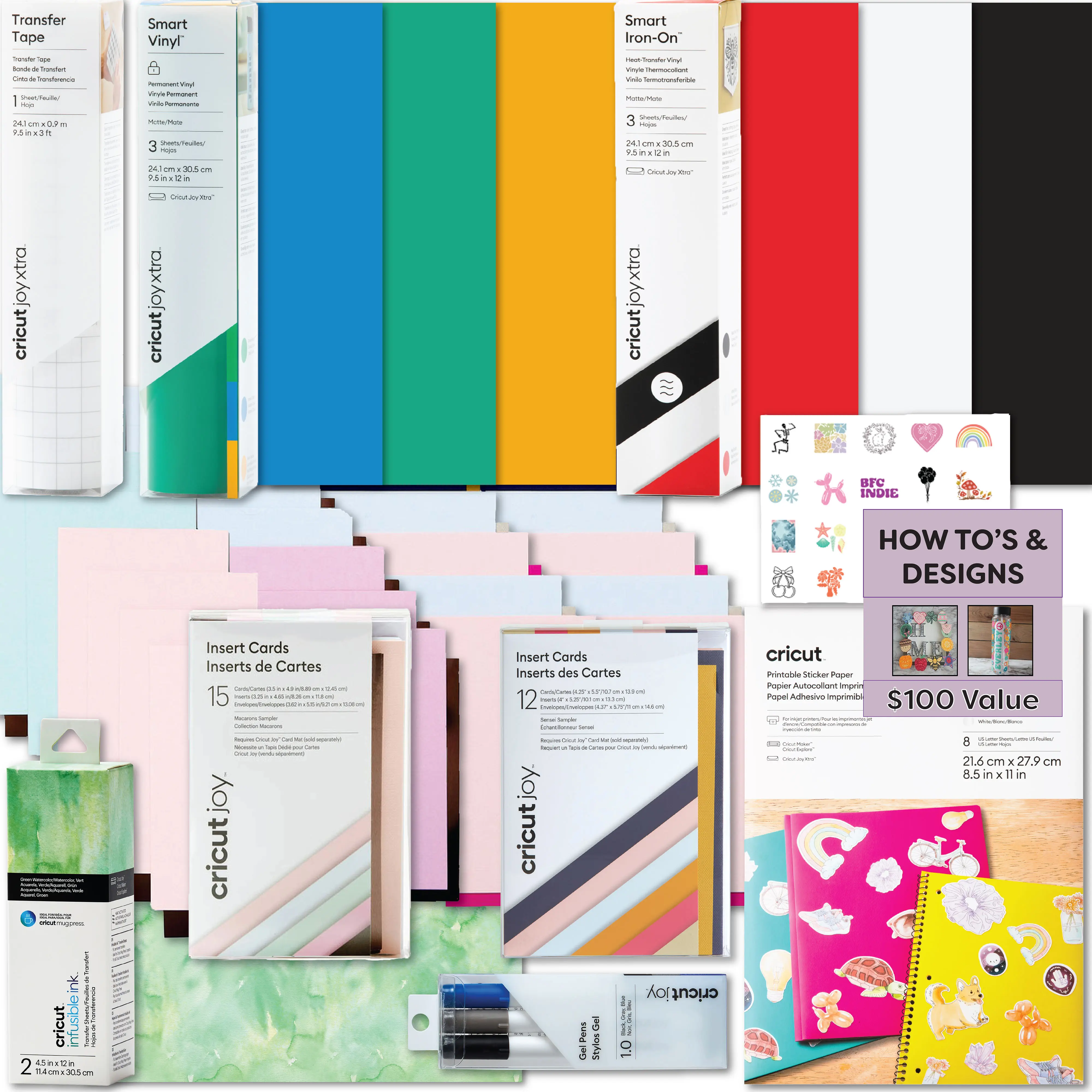 Cricut Deluxe All-in-One Materials and Accessories Bundle - 45+ Piece Beginner Sampler Material Kit for Cricut Joy Xtra Cutting Machines - Vinyl, HTV, Card Making Packs, Pens and Sticker Paper