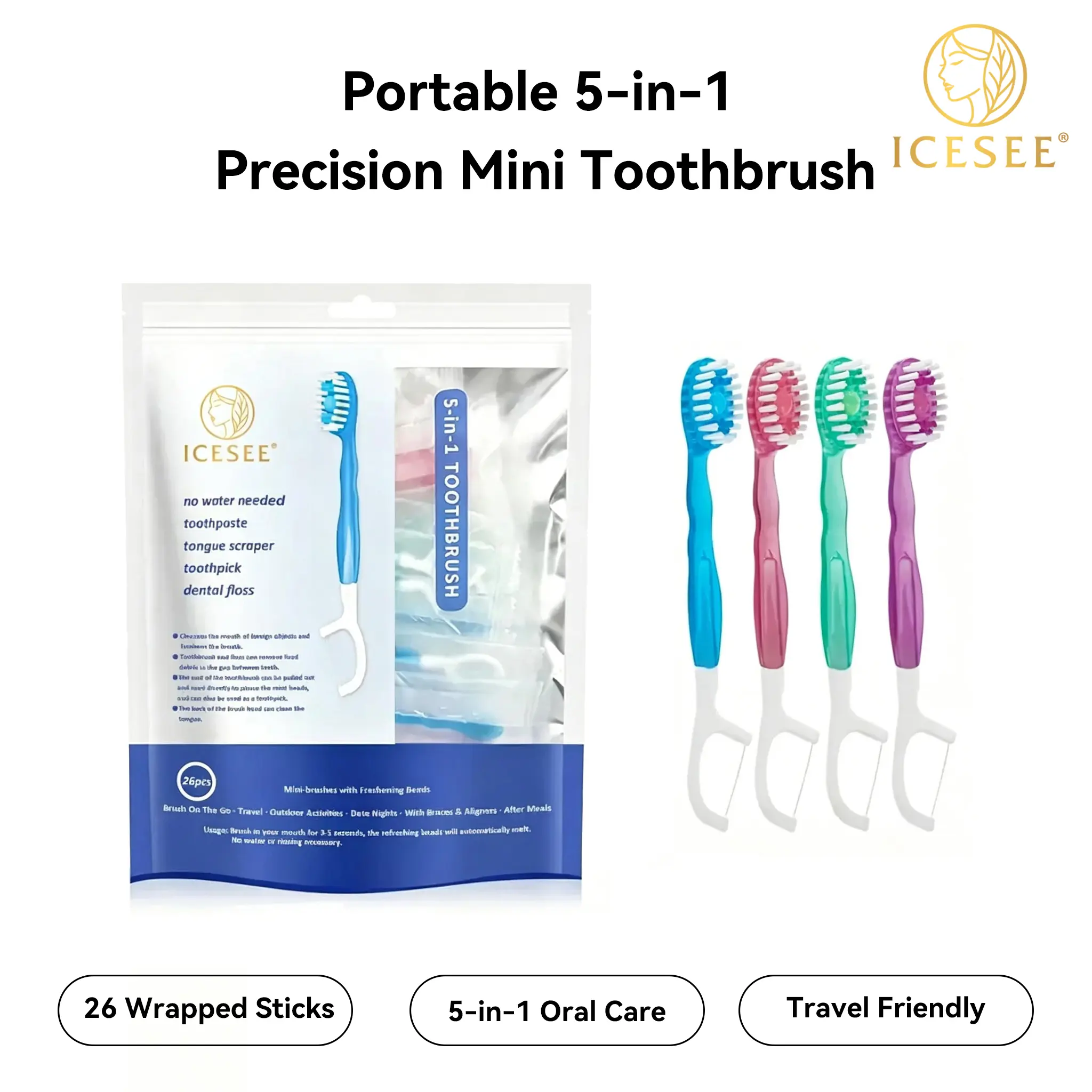 ICESEE 5-in-1 Green Tea Oral Care Kit - Soft-Bristle Toothbrush, Floss, Tongue Scraper, Toothpick Set (26pcs/Pack) - Bright, Lightweight Daily Oral Hygiene Essentials for Travel, Business Trips, Compact, Sensitive, Gentle, Mint