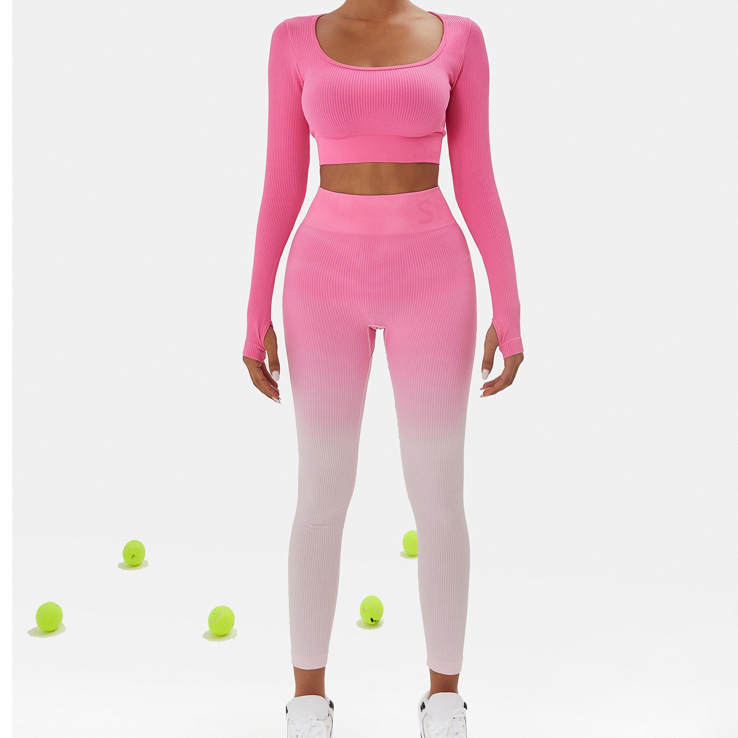 Women's Solid Seamless Long Sleeve Crop Top & Leggings Workout Exercise Tracksuit Set Active Set Ribbed Square Neck Tee & Yoga Pants Skinny Tummy Control Sports T-Shirt & High Rise Hip Lift Leggings Women's Sportswear for Gym Running