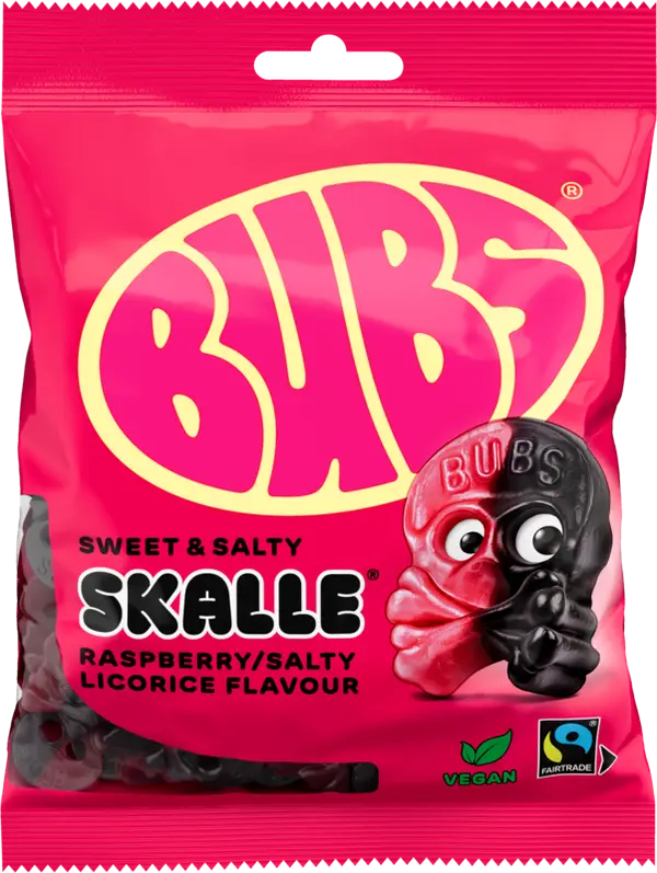 Swedish Bubs Raspberry Salty Licorice Mini Skulls - Swedish Candy - BUBS Raspberry Black Licorice Skulls - 90g Bag Salty Candy