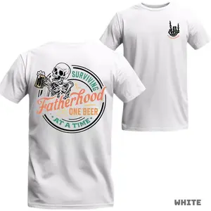 Surviving Fatherhood T-Shirt - Skeleton with Beer Graphic and One Beer at a Time Quote Perfect for Fathers with Humor, Cotton Material, Unisex Menswear Top